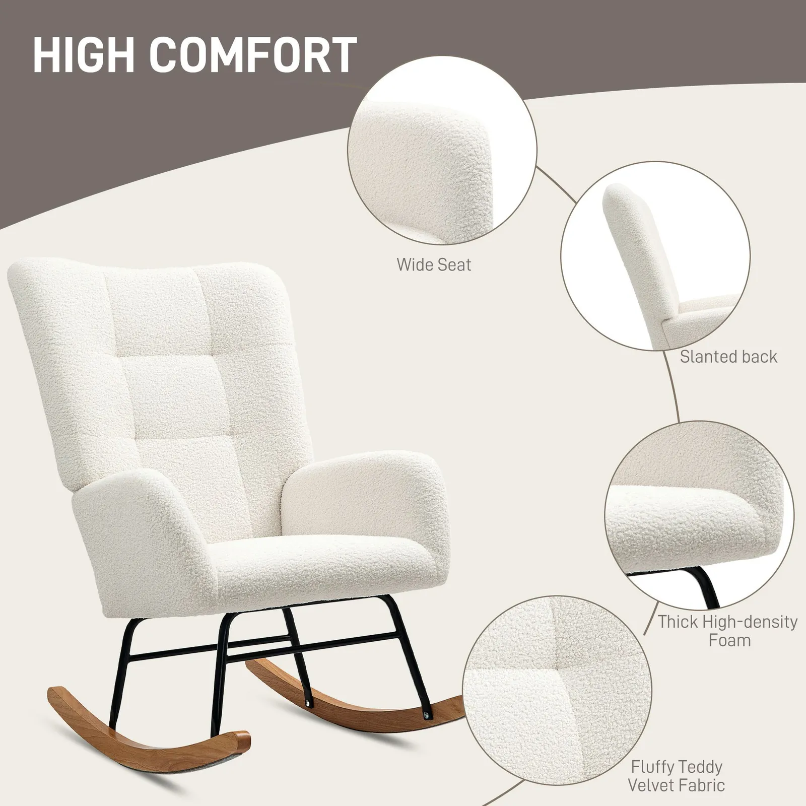 HOMCOM Rocking Chair, Modern Armchair with Backrest for Bedroom in Cream 5