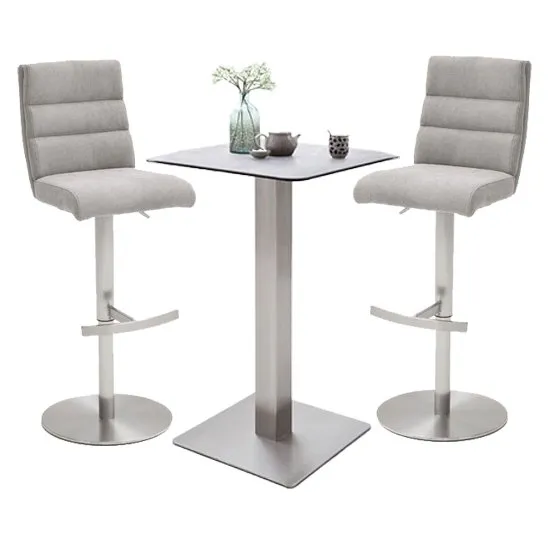 Soho Glass Bar Table With 2 Hiulia Ice Grey Fabric Stools