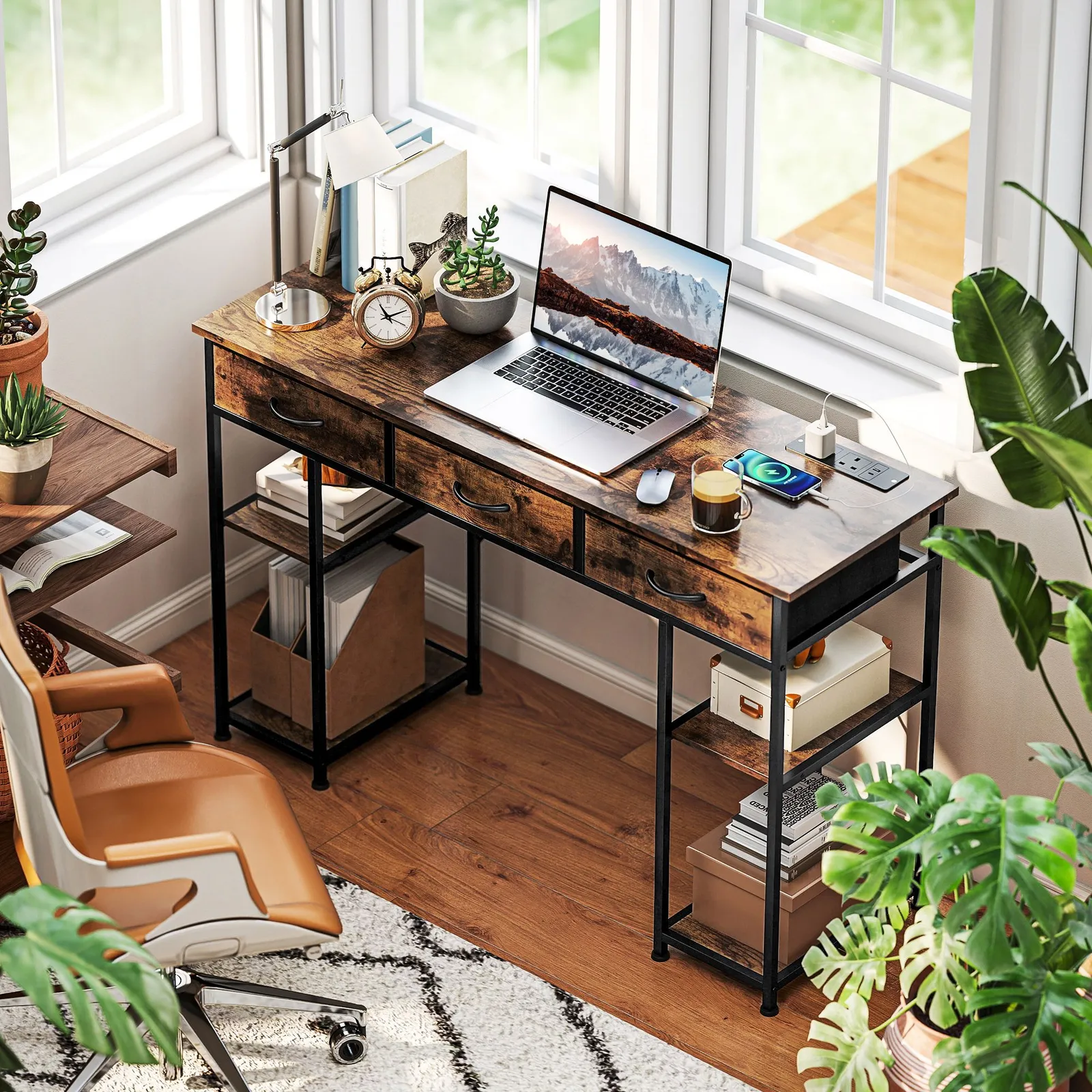 HOMCOM Computer Writing Desk with Power Outlets, Drawers, Shelves, Brown