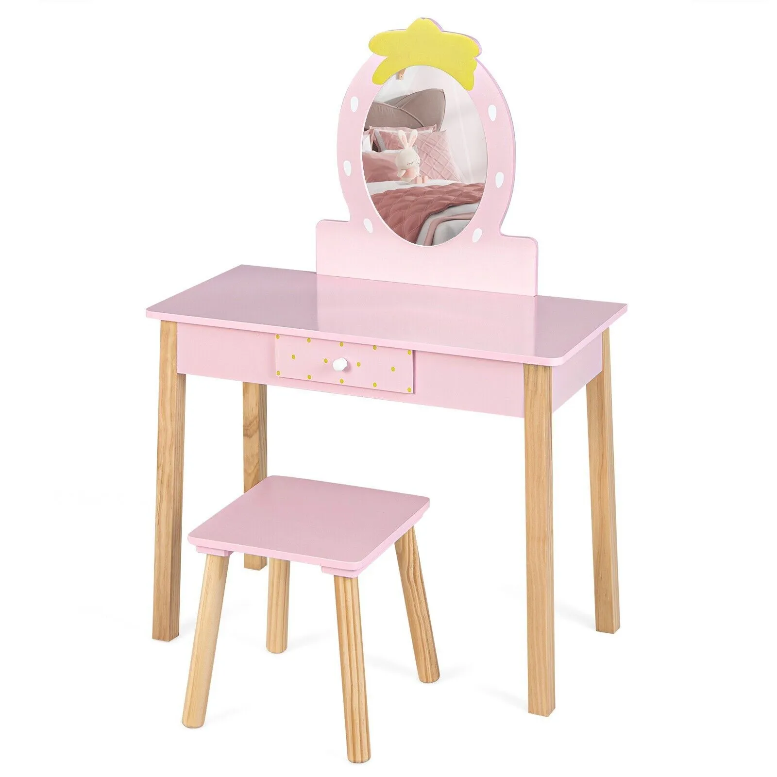 Costway 2in1 Vanity Set Wooden Vanity Set w/ Stool Mirror & Drawer in Pink 3