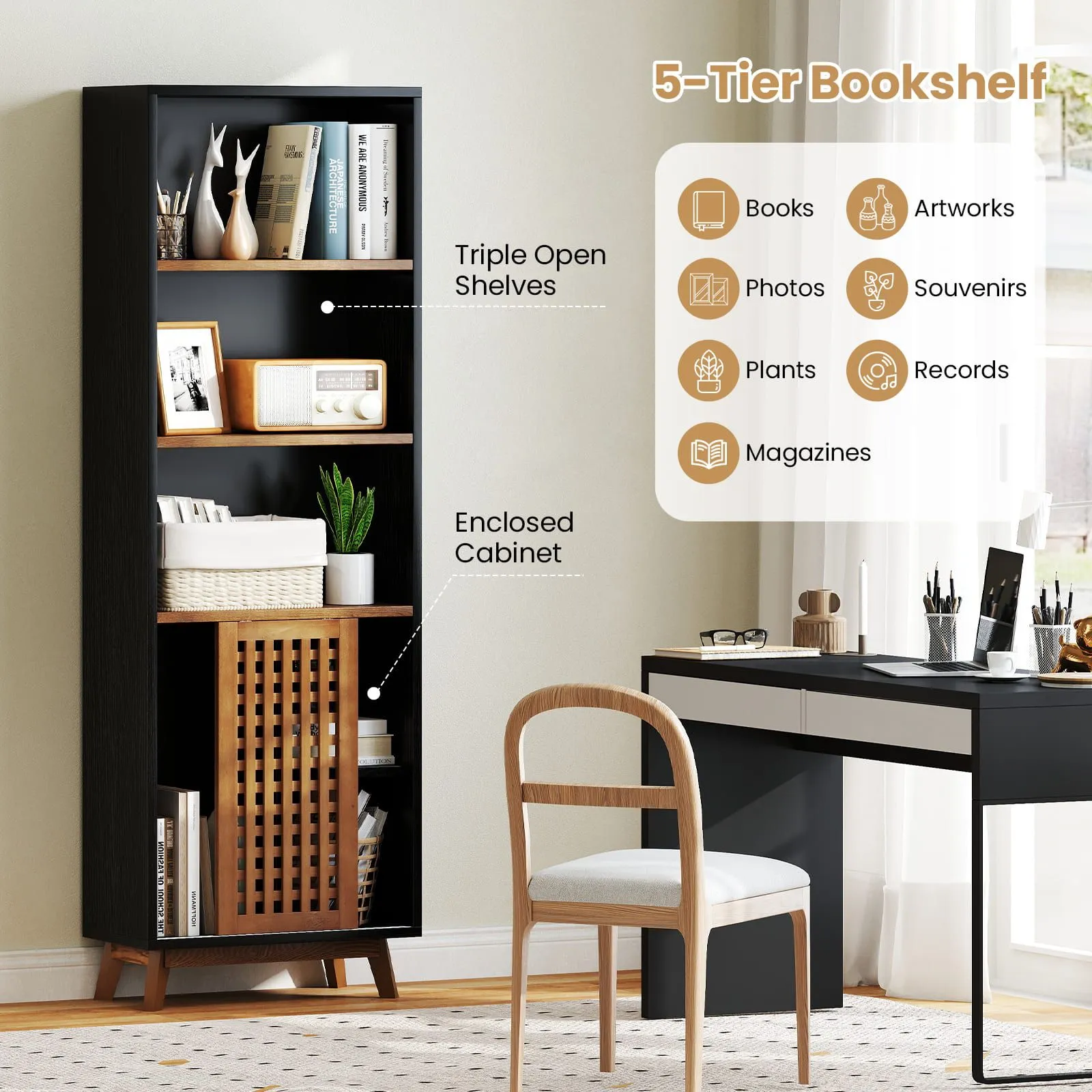 Costway 178 CM Bookshelf 5-Tier Bookcase w/Reversible Adjustable Shelf in Walnut 6