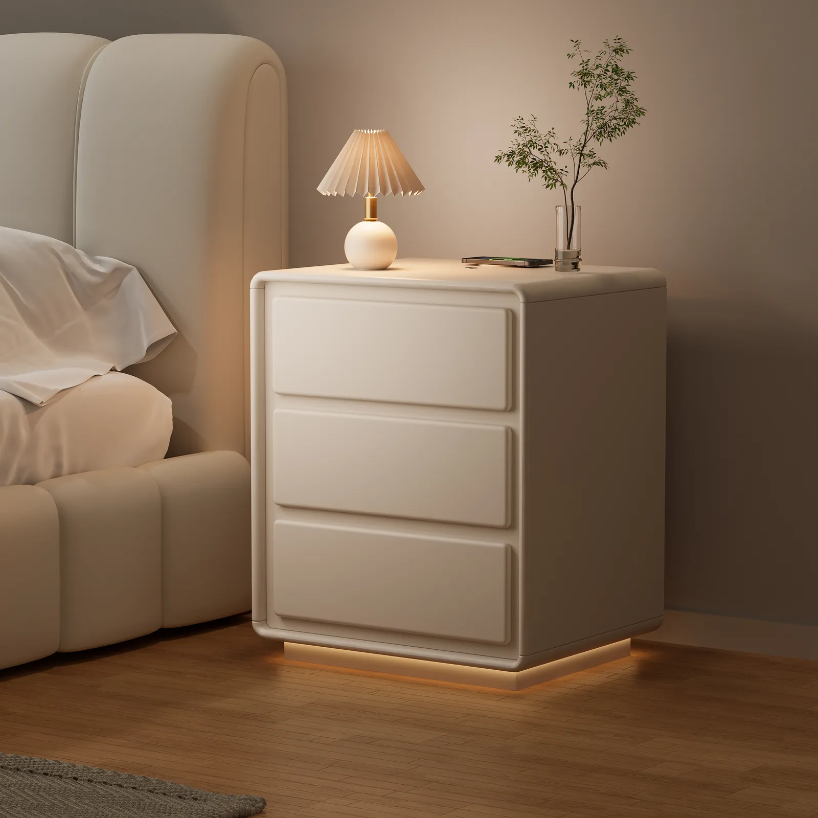 Modern Nightstand  off-white with 3-drawers and  LED and USB charging function