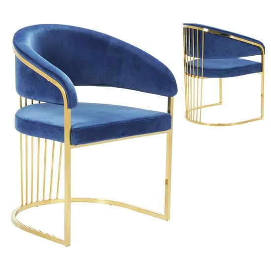 Longi Blue Velvet Dining Chair In Pair With Gold Legs
