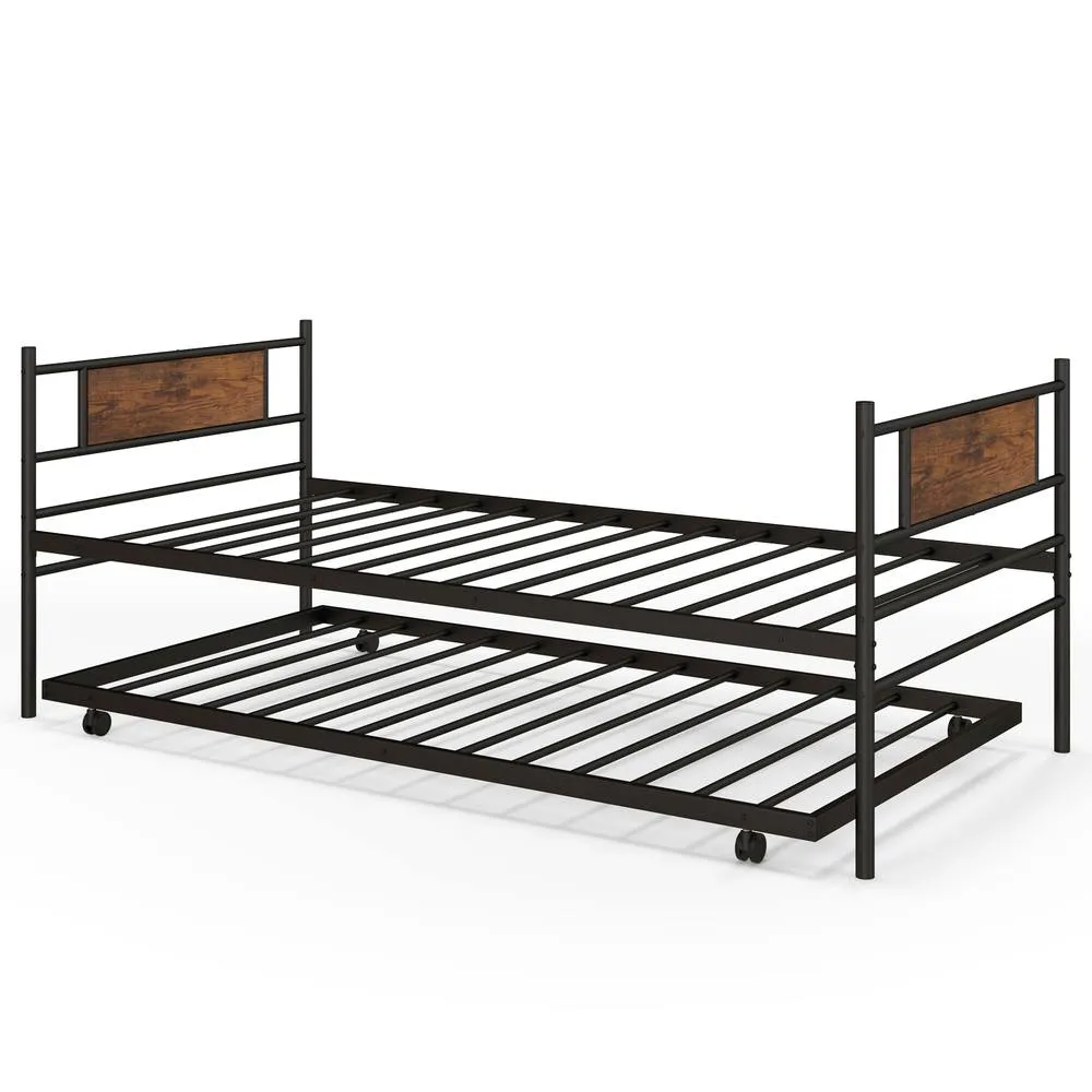 Costway Single Metal Daybed Sofa Bed Dual-use Guest Bed W/ Pull-out Trundle Space Saving in Brown