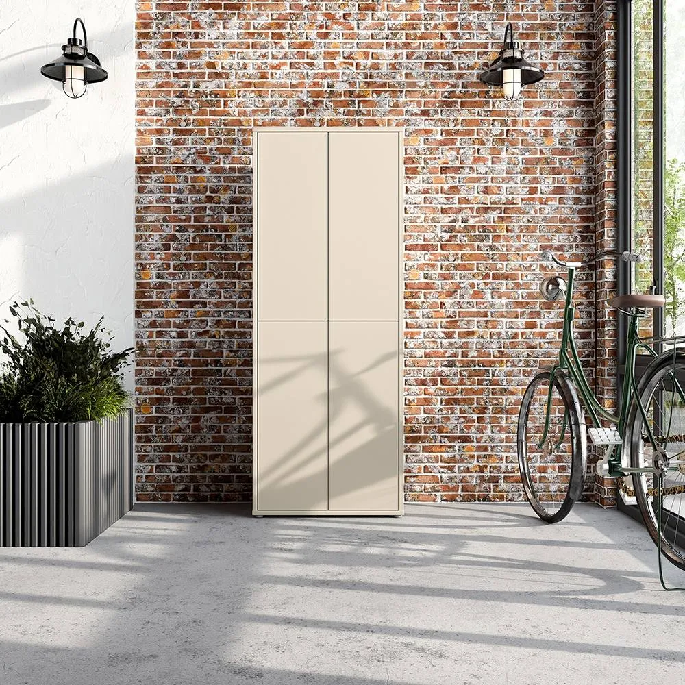 Furniture To Go Alice Springs Tall Shoe Cabinet with 4 Doors Push-to-Open in Sand in Beige