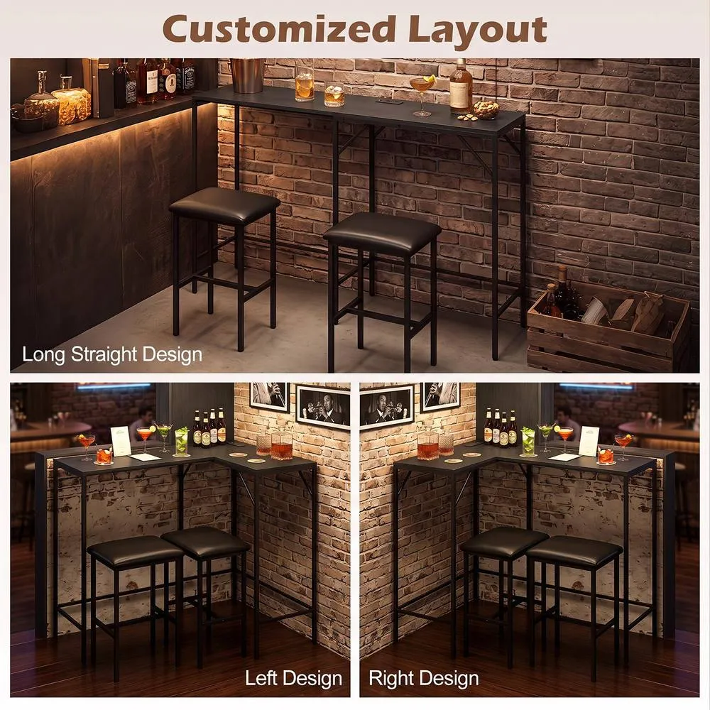 Costway 3-Piece Bar Table & Chair Set L-Shaped Table 2 AC Outlets in Black 6