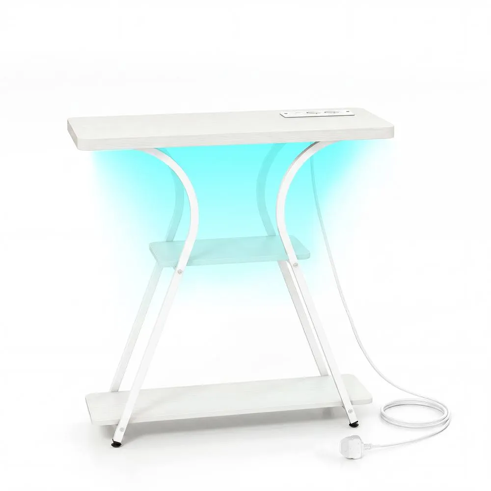 Costway Console Table w/ LED Lights & Power Outlets 3-Tier Entryway Table in White