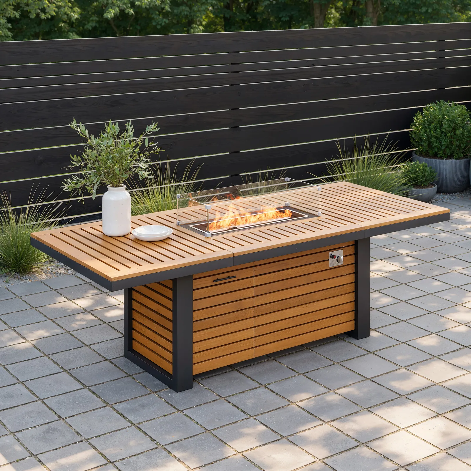 Tevara 240 cm Outdoor Propane Fire Pit Dining Table with Hidden Tank & Wind Shield