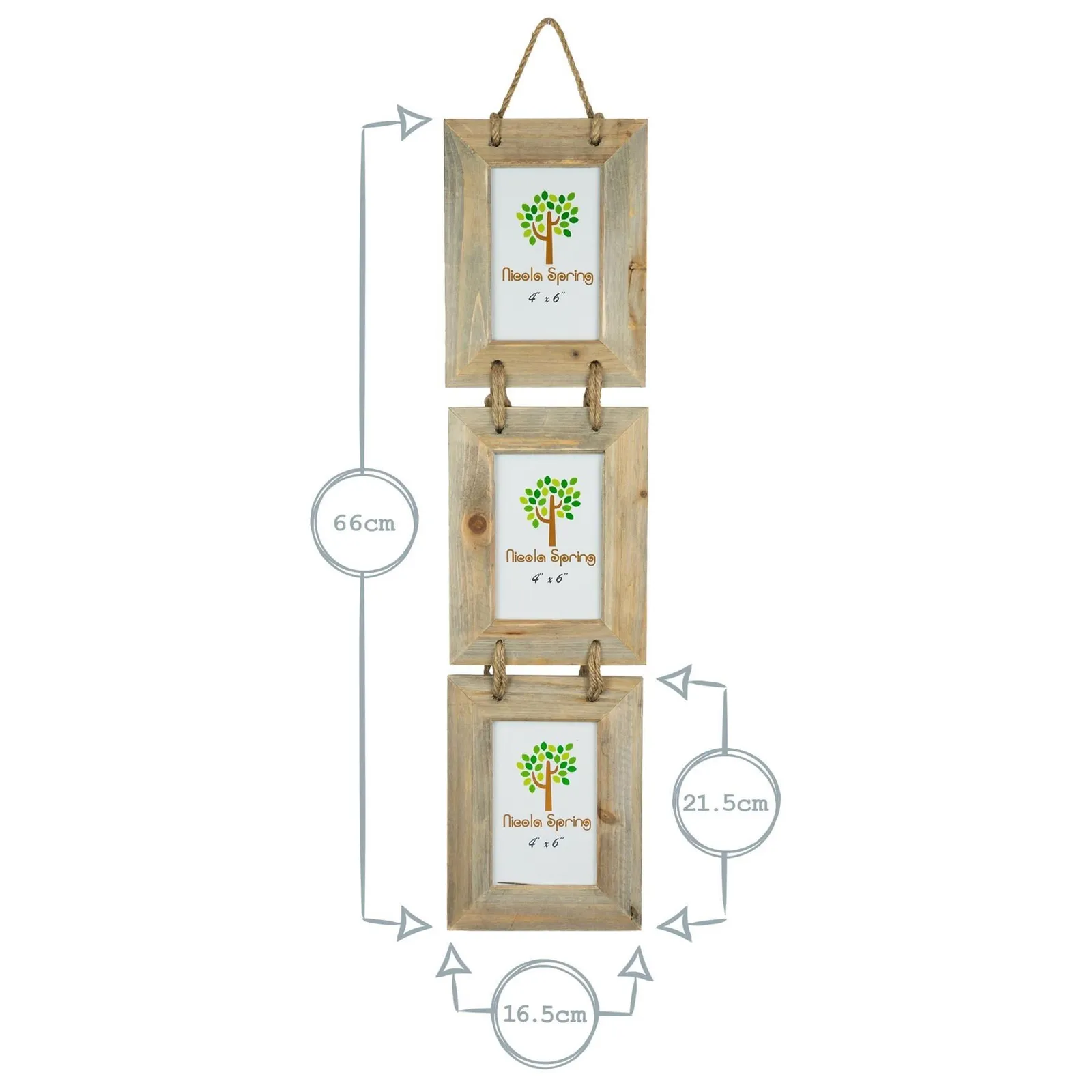 Nicola Spring Rustic Wooden Hanging 3 Photo Frames - 4 x 6" - Natural - Pack of 5 3
