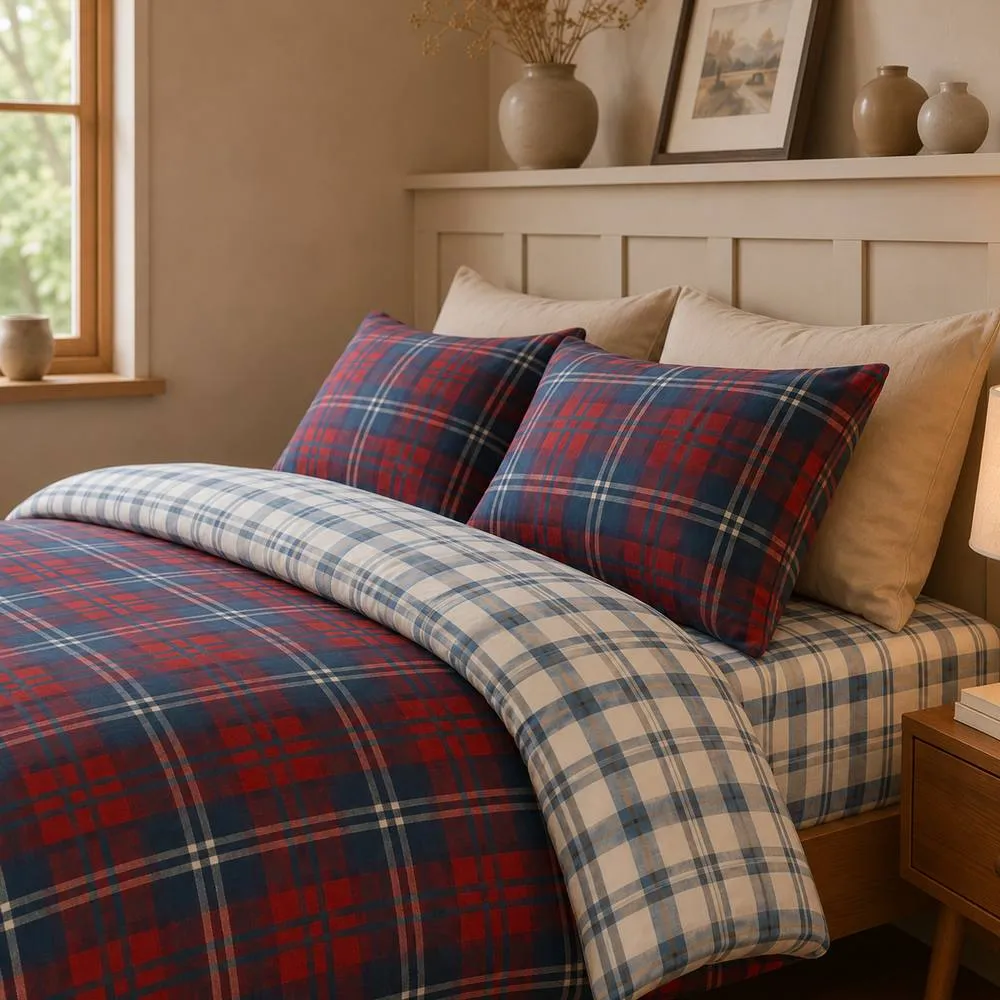Rapport Home Ross Check Complete Duvet Cover Set with Fitted Sheet & Pillowcases in Red 2
