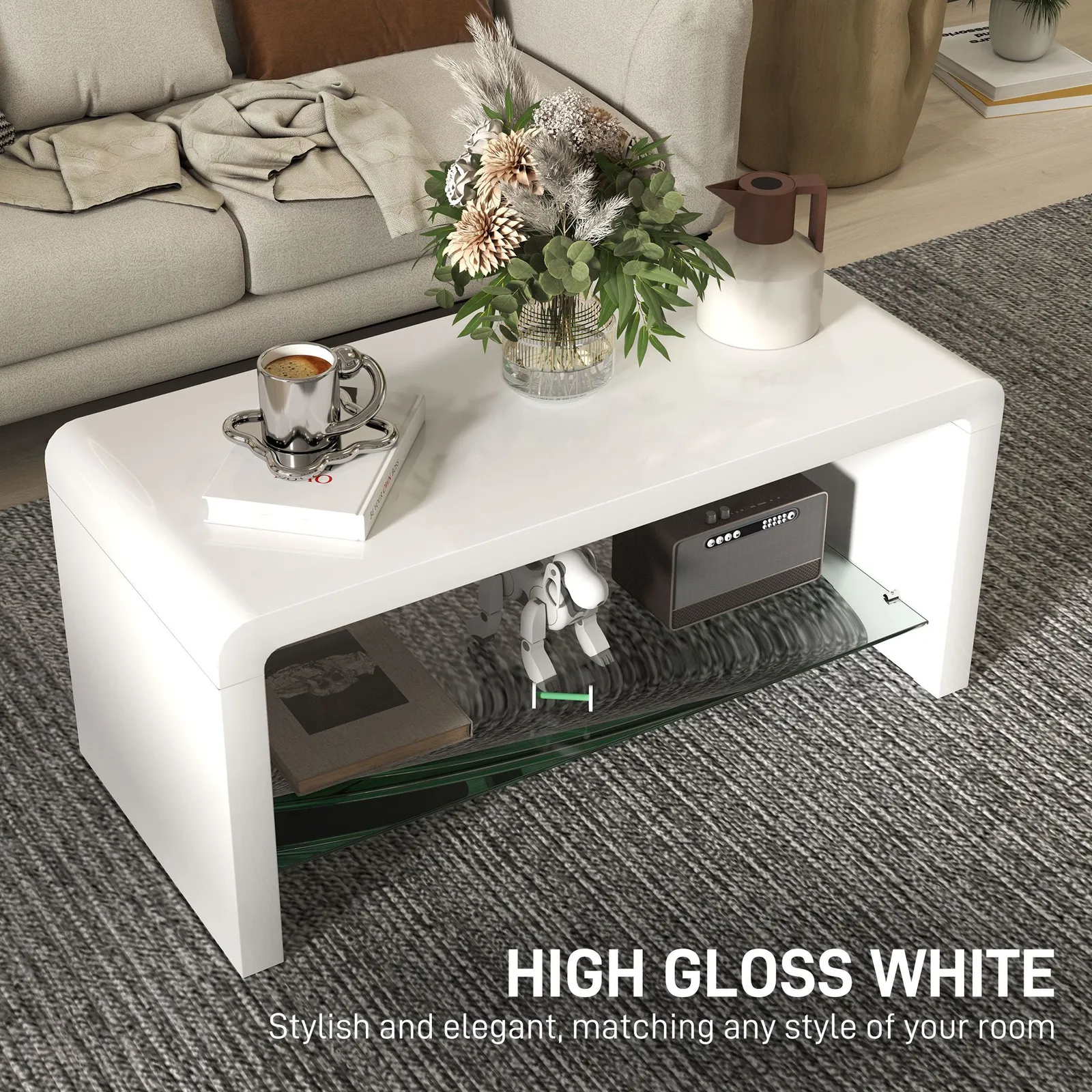 HOMCOM High Gloss Storage Coffee Table, Centre Table for Living Room, White 4