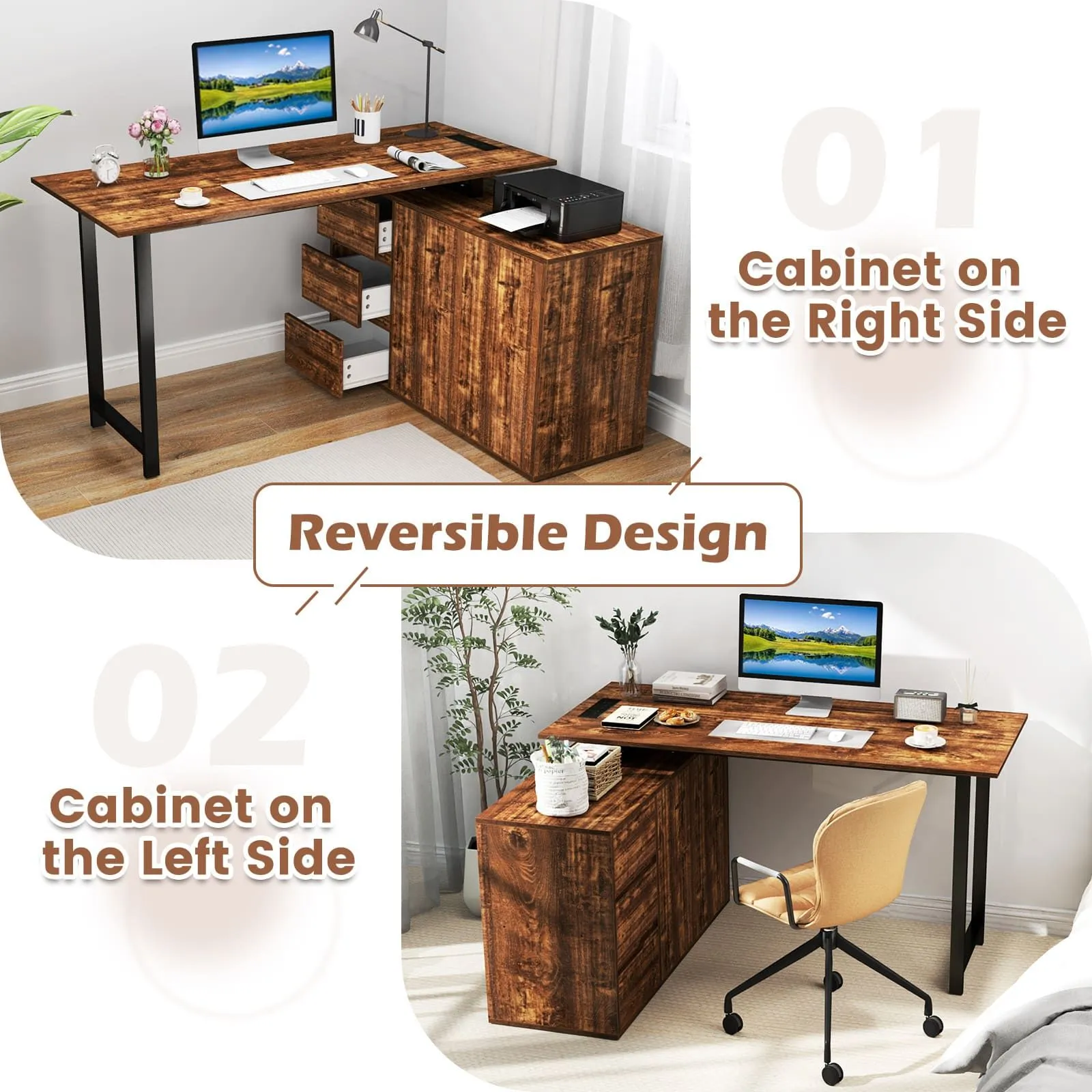 Costway L-Shaped Desk 138 cm Reversible Corner Computer Desk-Coffee in Brown 6