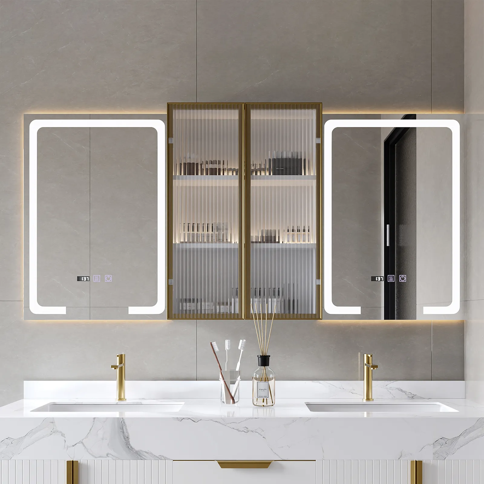 150 cm LED Lighted Medicine Cabinet Wooden Wall-mounted Bathroom Mirror with Doors