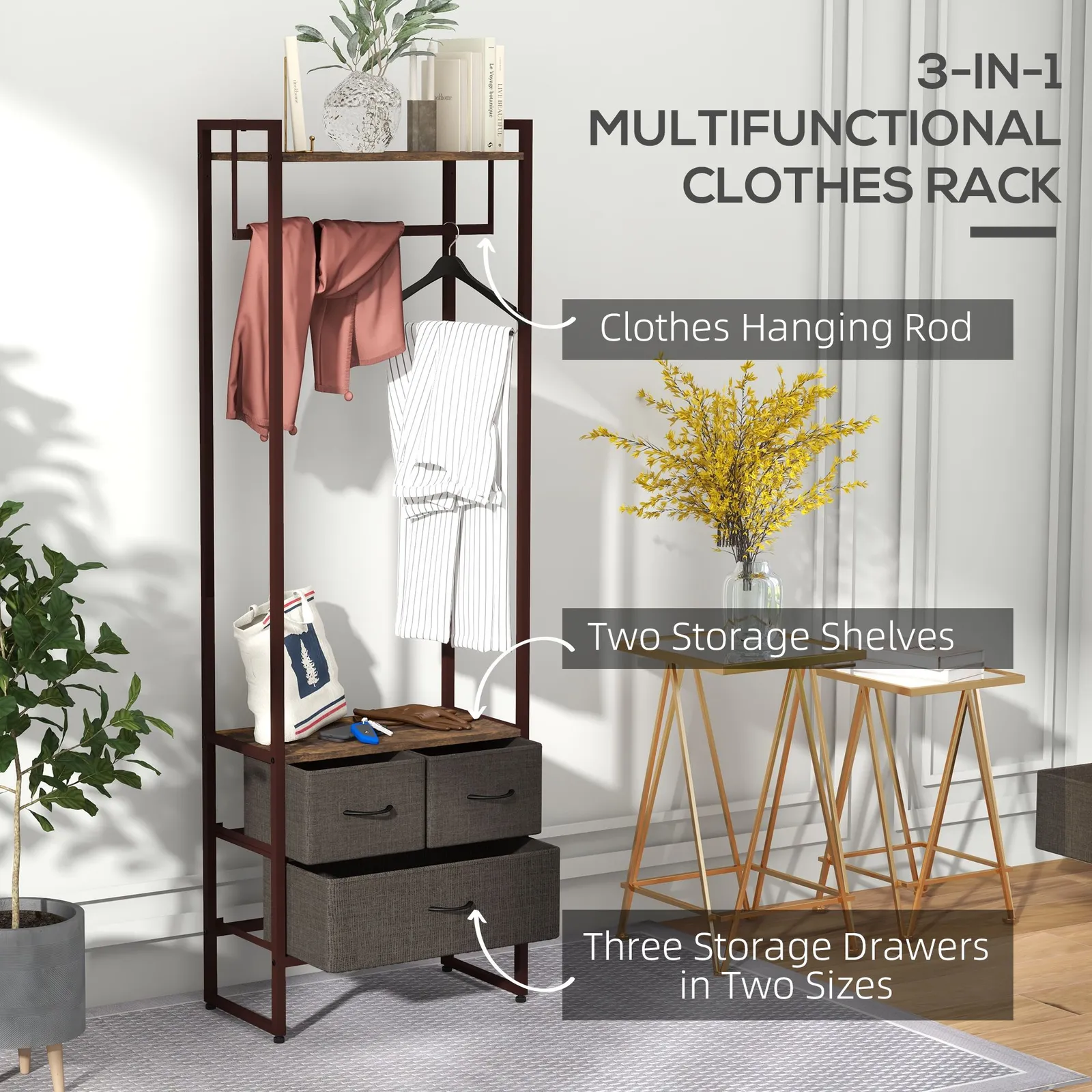 HOMCOM Free Standing Clothes Rail Garment Rack with 3 Fabric Drawers in Brown 4