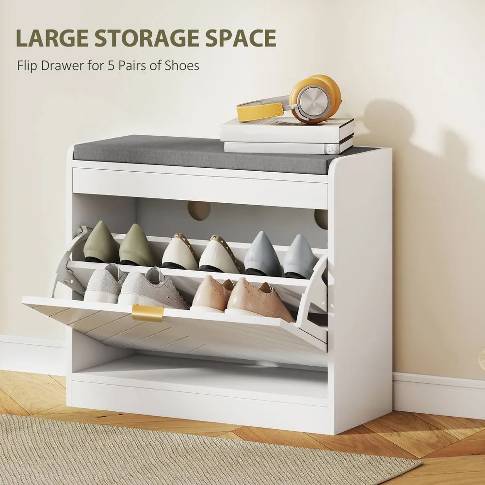 HOMCOM Shoe Bench with 1 Flip Drawer, Cushion, 5 Pairs for Entryway White 4
