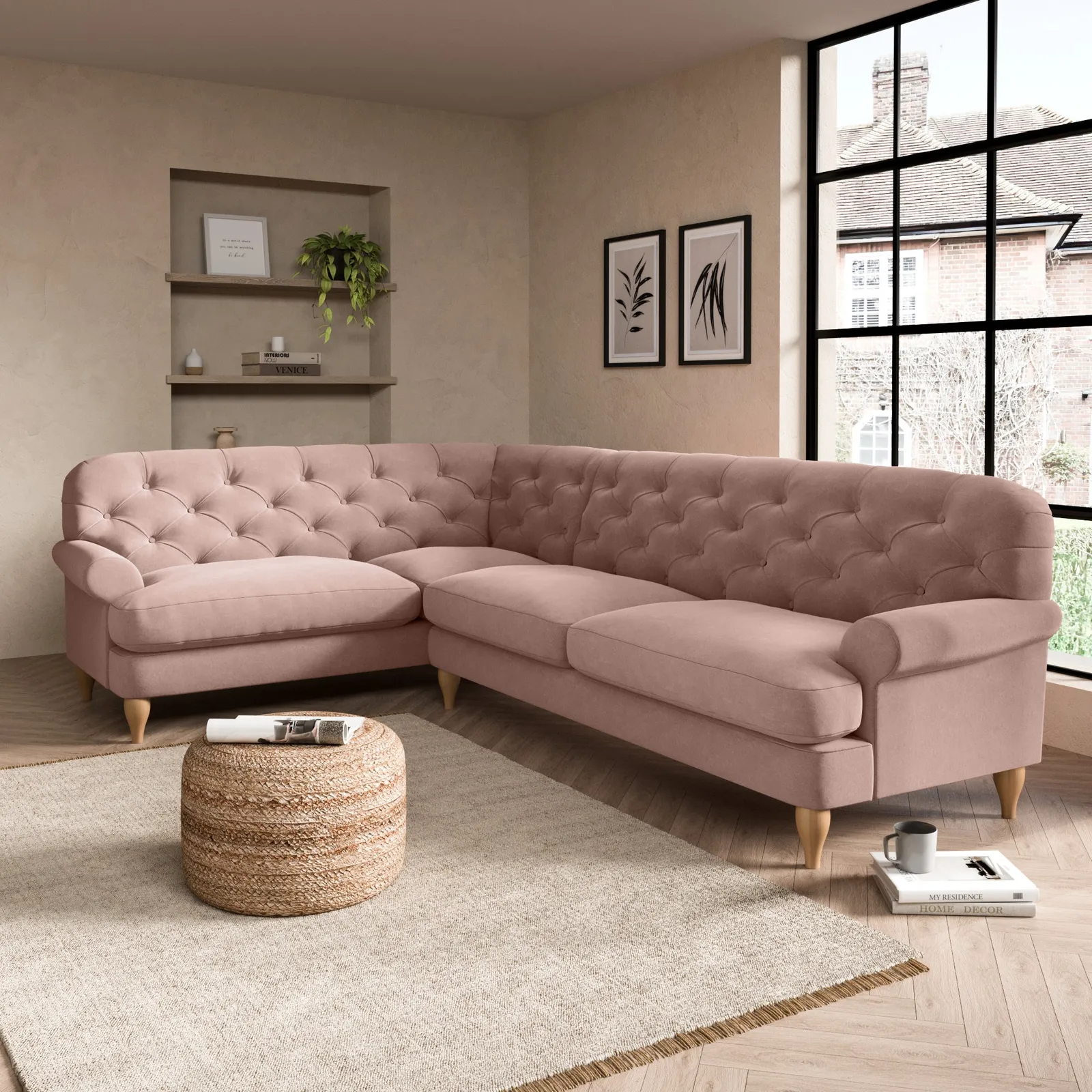 Canterbury Luxury Velvet Left Hand Corner Sofa Luxury Velvet Peach Blush