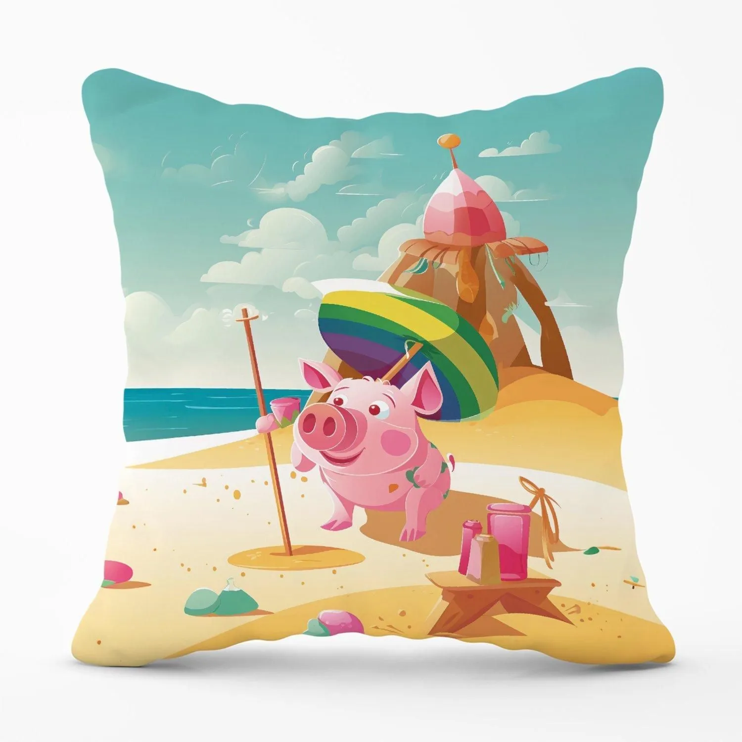 Warren Reed - Designer Piglet On A Beach Holiday Outdoor Cushion in Yellow