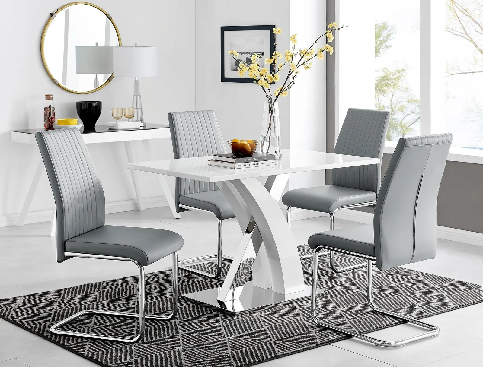 FurnitureboxUK Atlanta White High Gloss & Chrome 4 Seater Dining Table with X Shaped Legs & 4 Faux Leather Lorenzo Chairs in Grey 1