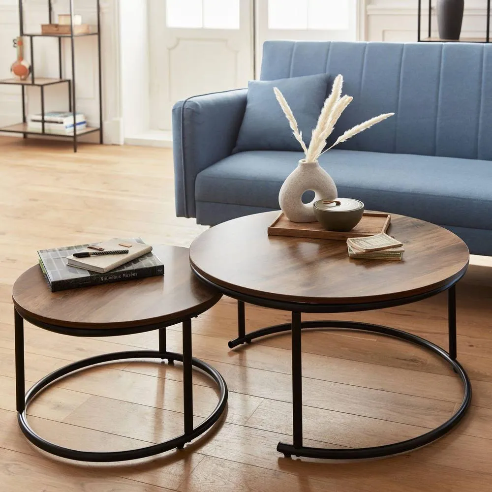 sweeek Pair Of Round Nesting Coffee Tables In Wood Effect in Light Brown