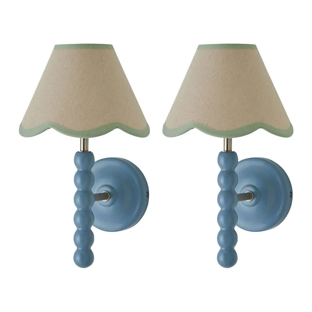 ValueLights Bobbins Pair of Blue Wall Lights with Linen Trim Lamp Shades & Bulbs in Pale Green 1