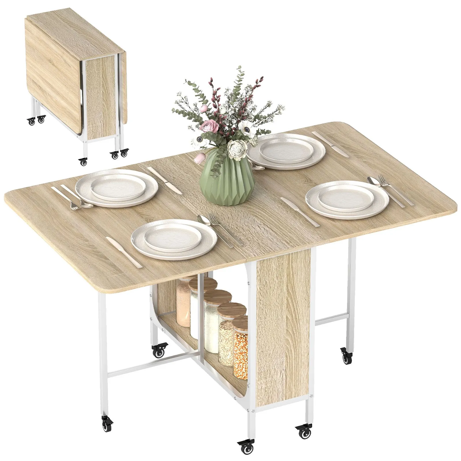 HOMCOM Mobile Drop Leaf Dining Table on Wheels with Storage Shelf in Yellow 2
