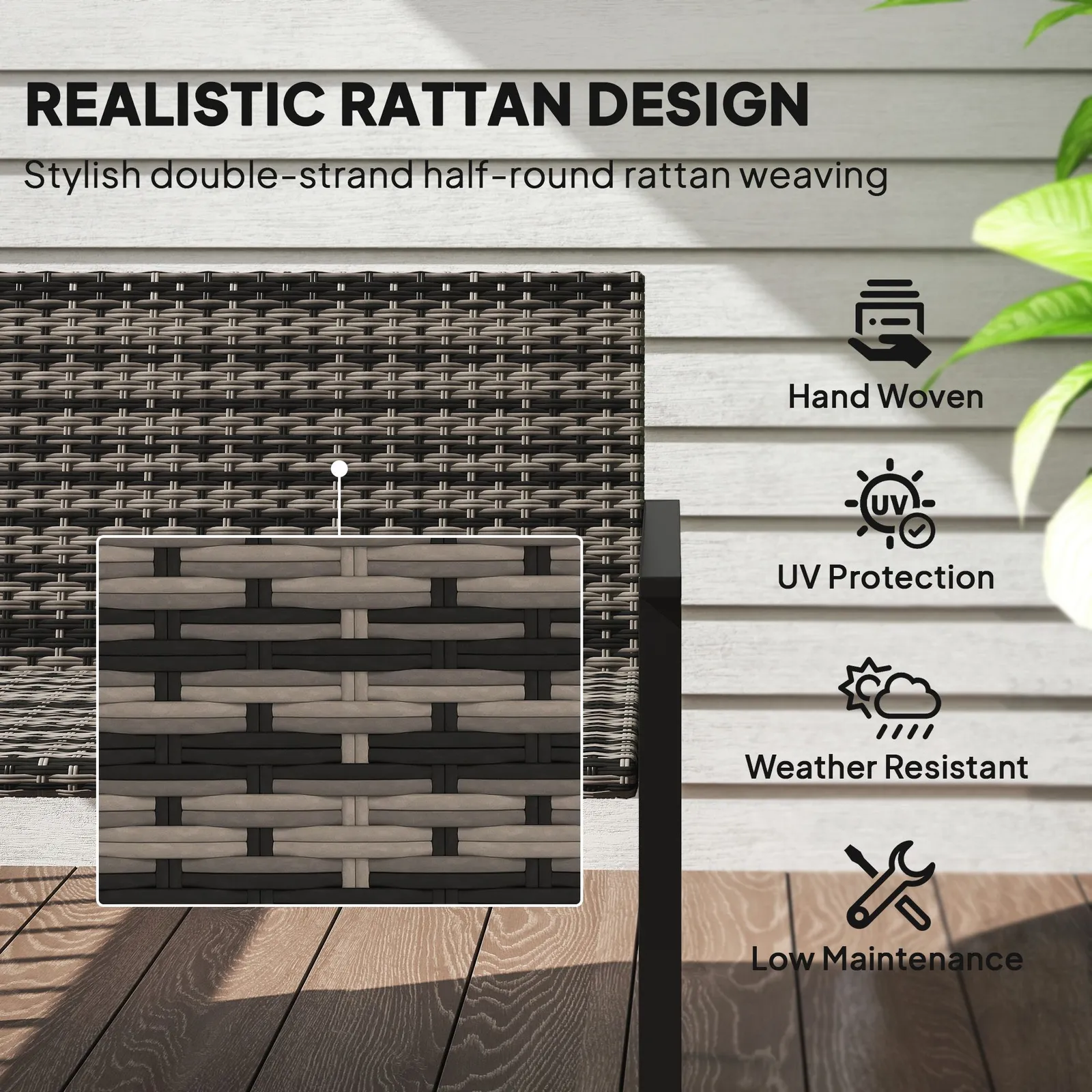 OUTSUNNY Rattan Garden Bench Loveseat with Quick-Drying Padding in Grey 5