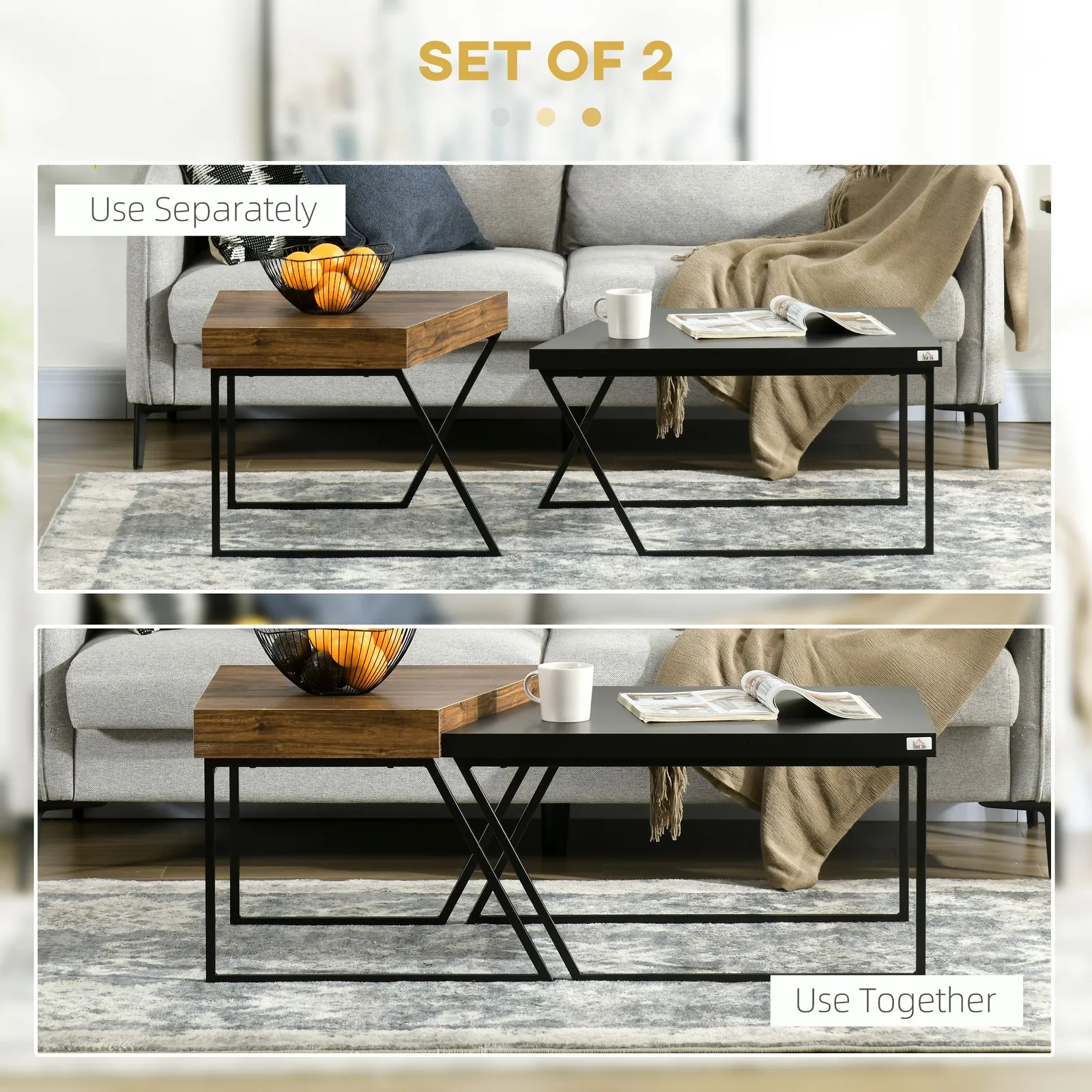 HOMCOM Industrial Coffee Table Set of 2, Geometric Coffee Tables for Living Room in Brown 4