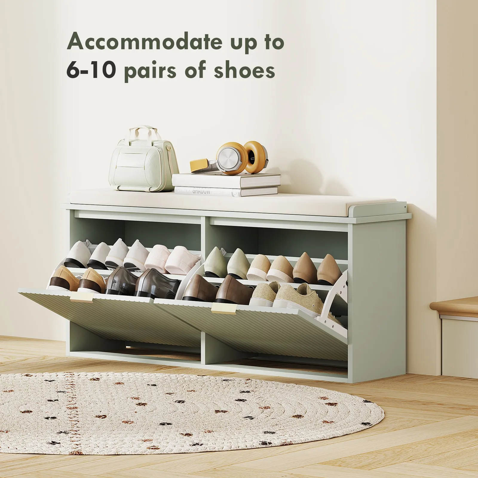 HOMCOM Shoe Storage Bench with Cushion & Flip-Drawer 104x26x47.5cm in Green 6