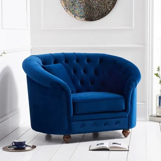 Astarik Sofa Chair In Blue Plush Fabric With Wooden Legs