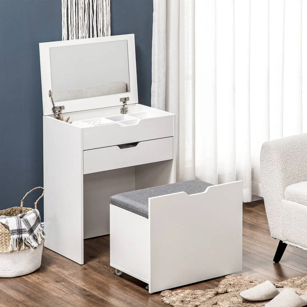 HOMCOM Dressing Table Set Flip up Mirror Stool Drawer & Compartments in White 2