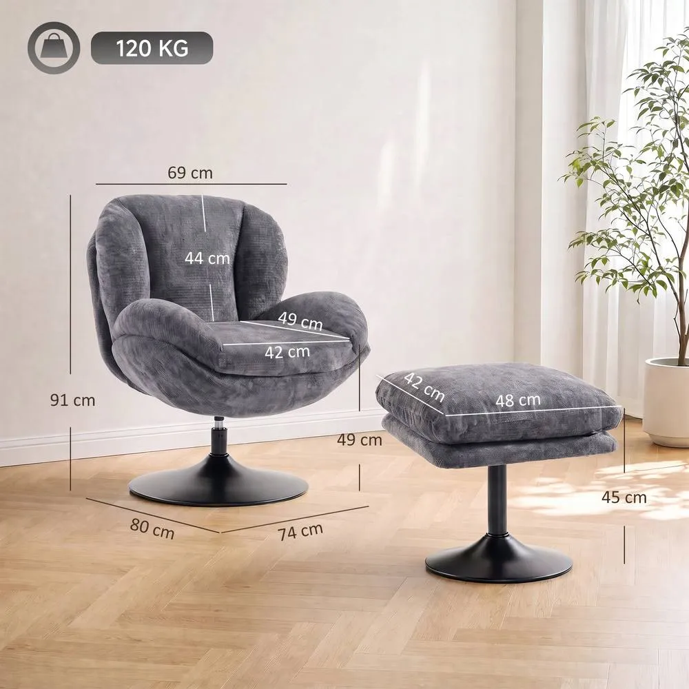 HOMCOM Chenille Lazy Chair with Ottoman, 360° Swivel, Dark Grey 3