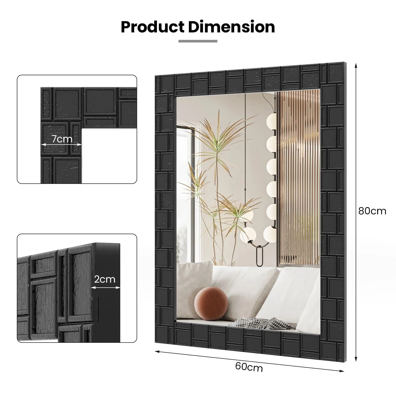 Costway Wooden Framed Wall Mirror 80 x 60 cm Bathroom Rectangular Mirror in Black 2
