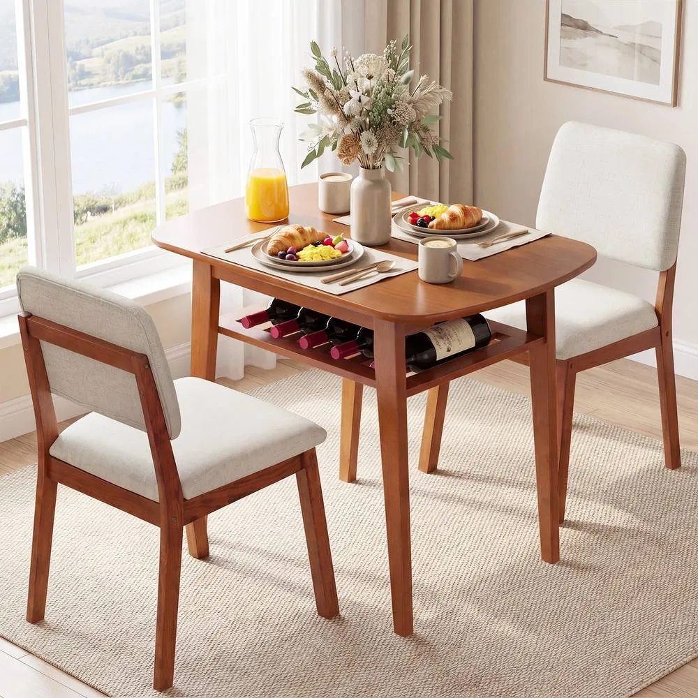 Costway 3-Piece Dining Table Set Solid Wood Kitchen Table with Storage Rack in Brown 4