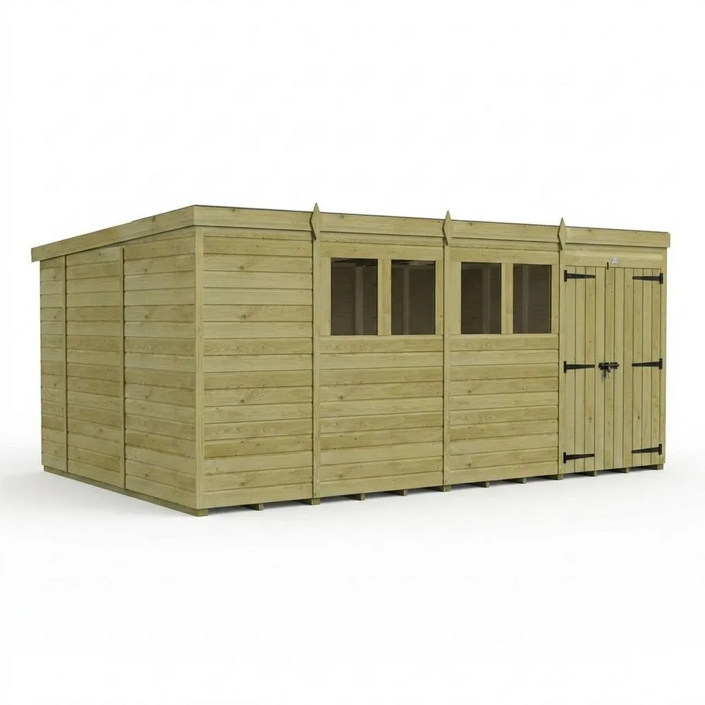 Buttercup Farm 15ft x 10ft Pent Garden Shed Double Door With Windows - Timber in Brown