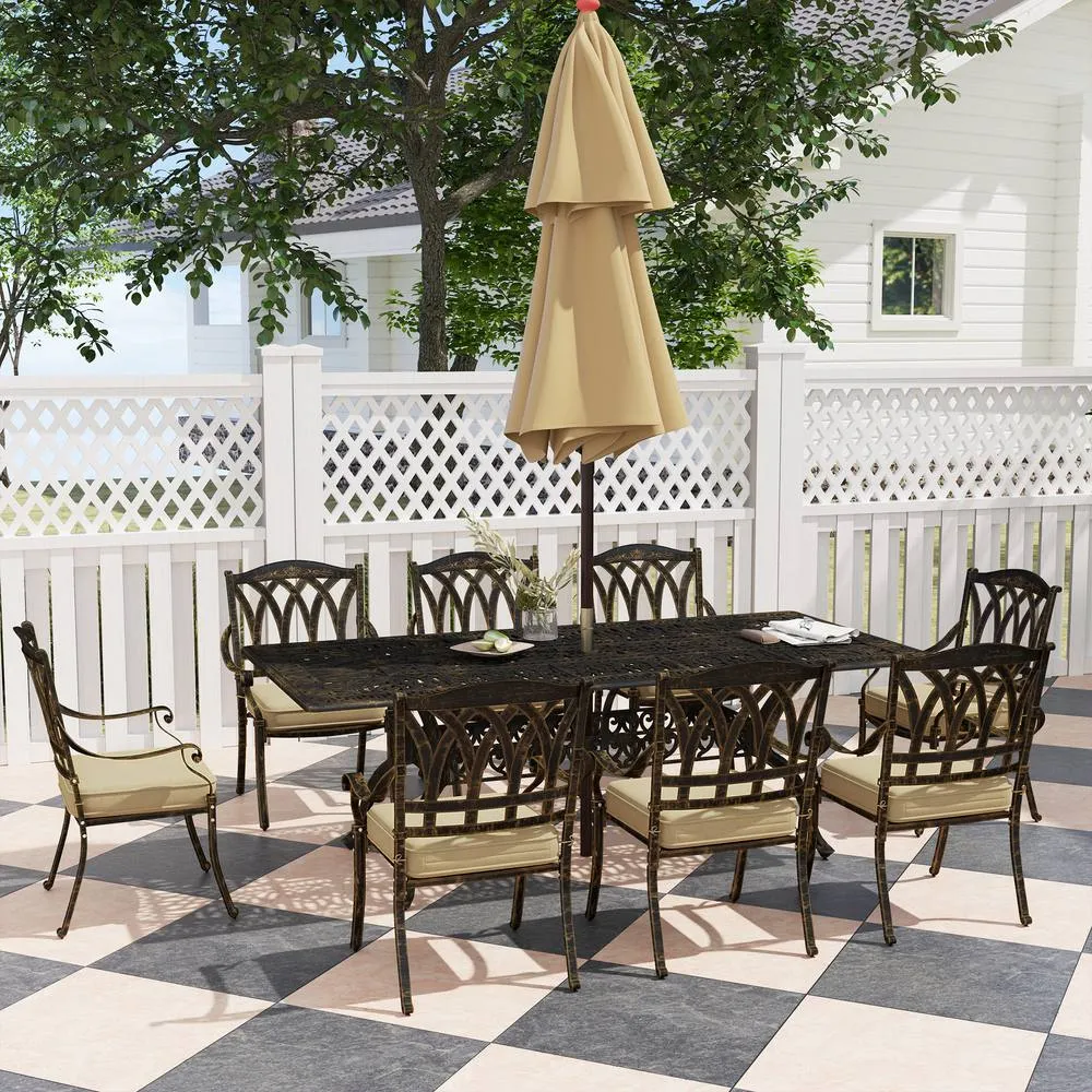 OUTSUNNY 9 Pieces Cast Aluminium Garden Dining Set with Parasol Hole, Bronze