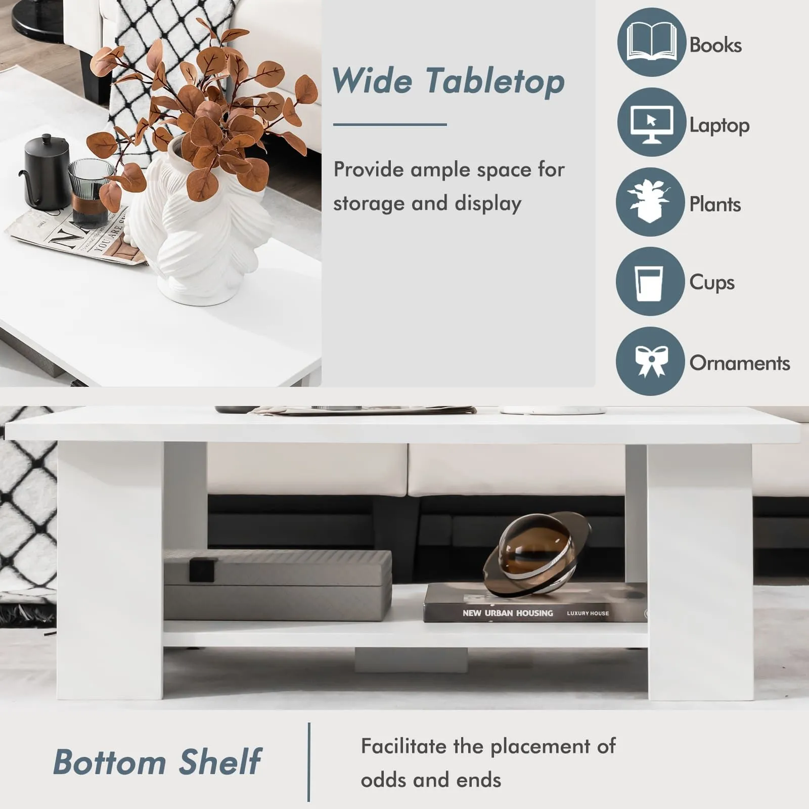 Costway Coffee Table Modern Cocktail Table for Small Space with Storage in White 6