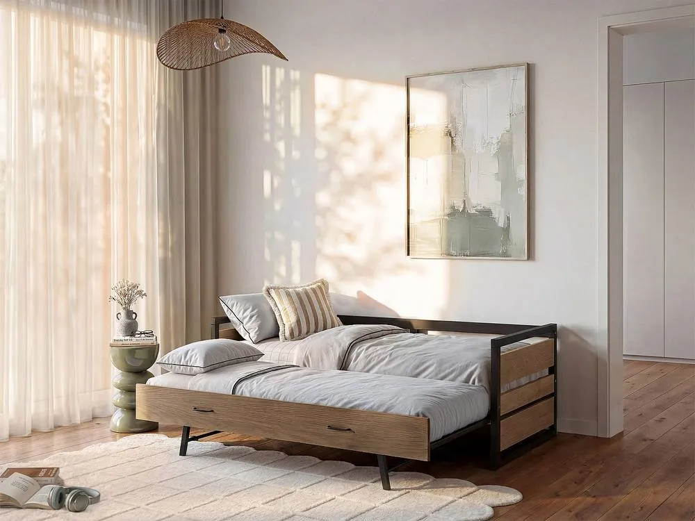 Vente-unique Industrial-Style Trundle Bed - 2 X 90 X 190 Cm - MDF, Pine & Metal in Light Oak 3