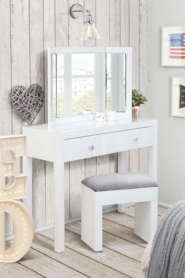 MADISON White Glass Dressing Table, White Triple Folding Mirror & White Glass Stool