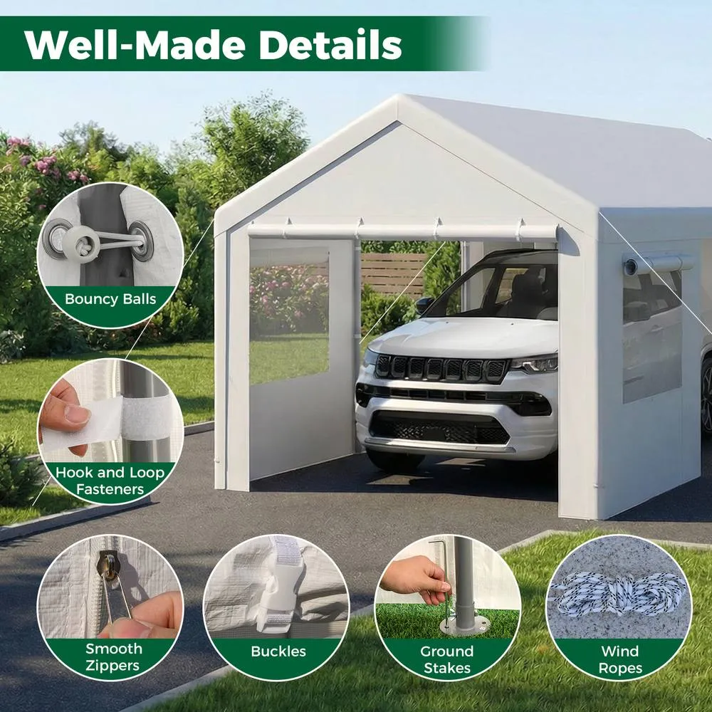 Costway 10 x 19 FT Car Canopy w/ Roll-Up Windows & Removable Doors Car Shelter in White 4