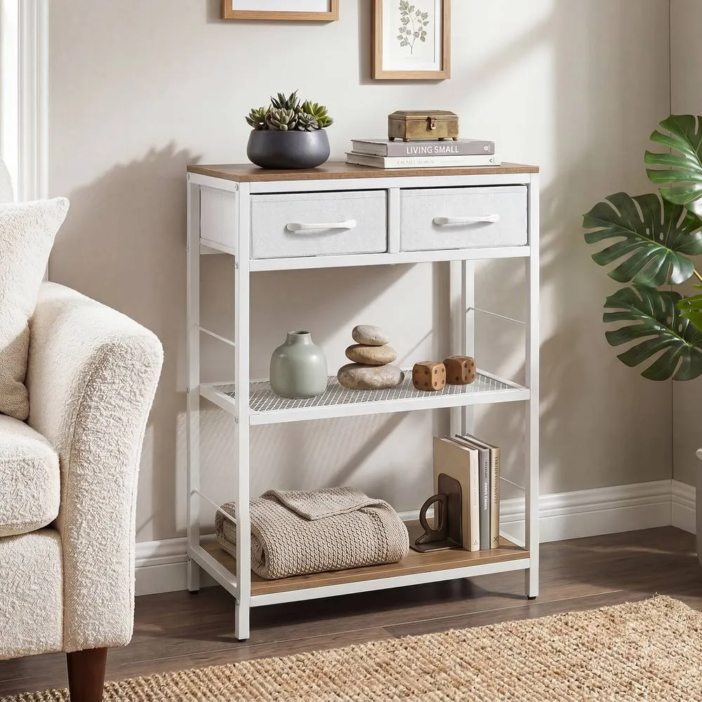 Costway Narrow Console Table w/ 2 Fabric Drawers 3-Tier Table Storage Rack in Natural 3