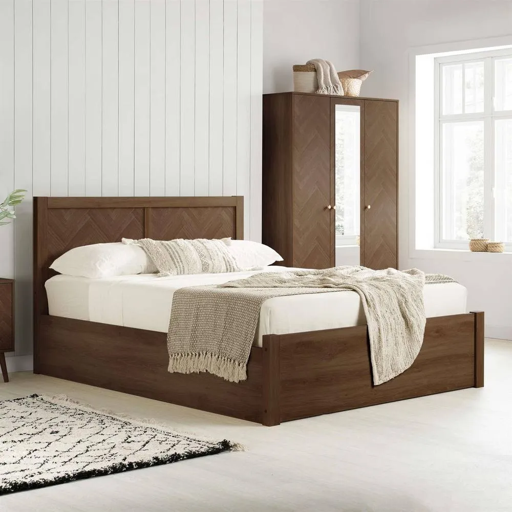 Birlea King Ottoman Bed Frame Walnut Herringford 5ft 150cm Chevron Parquet in Brown