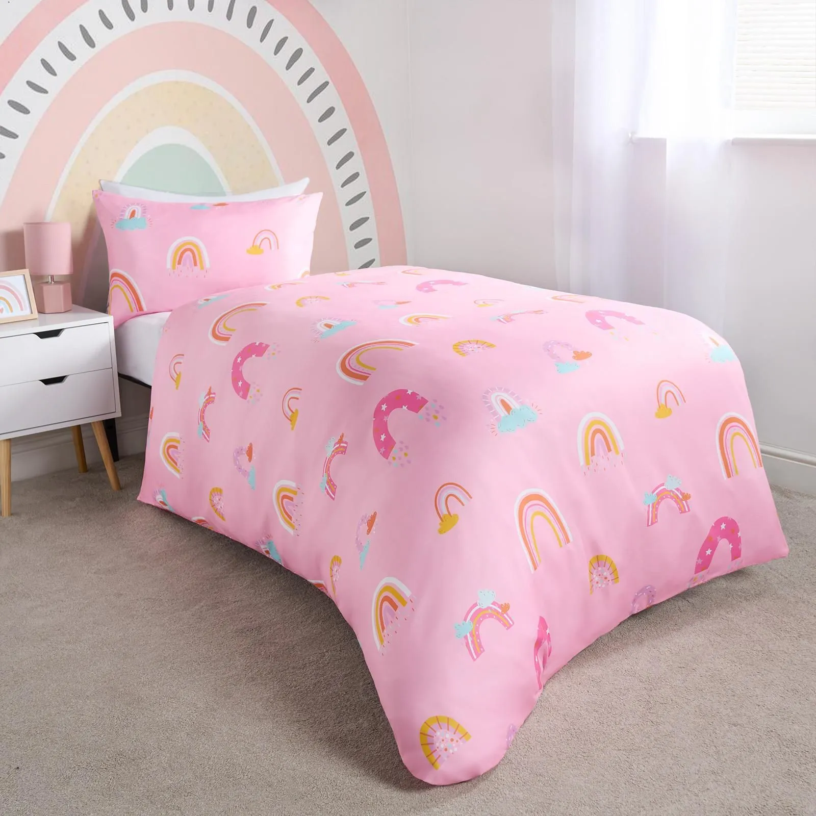 OHS Rainbow Duvet Cover Bedding Set Quilt Pillowcase Reversible in Pink