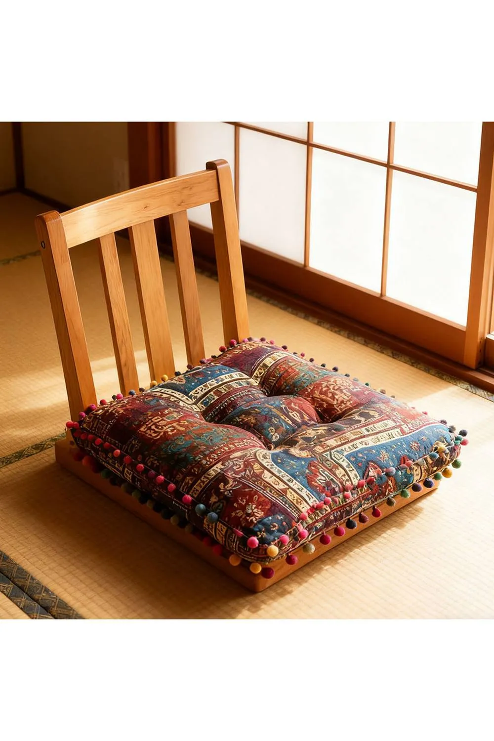 Living and Home Bohemian Patterned Pom-Pom Trimmed Seat Cushion