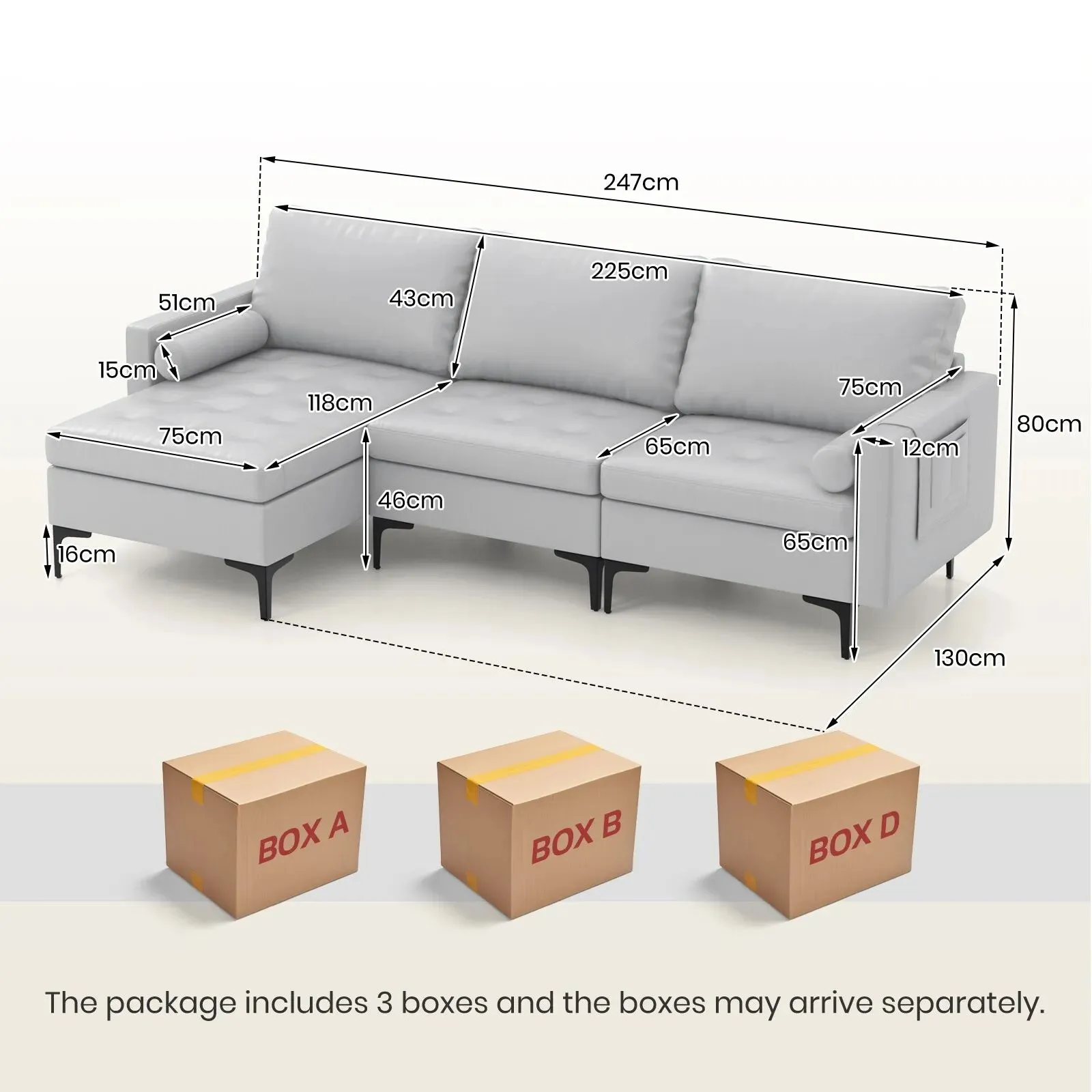 Costway Modular Sectional Sofa Loveseat 2-3-Seater Sofa Seat L-Shaped Padded Cushions in Grey 3