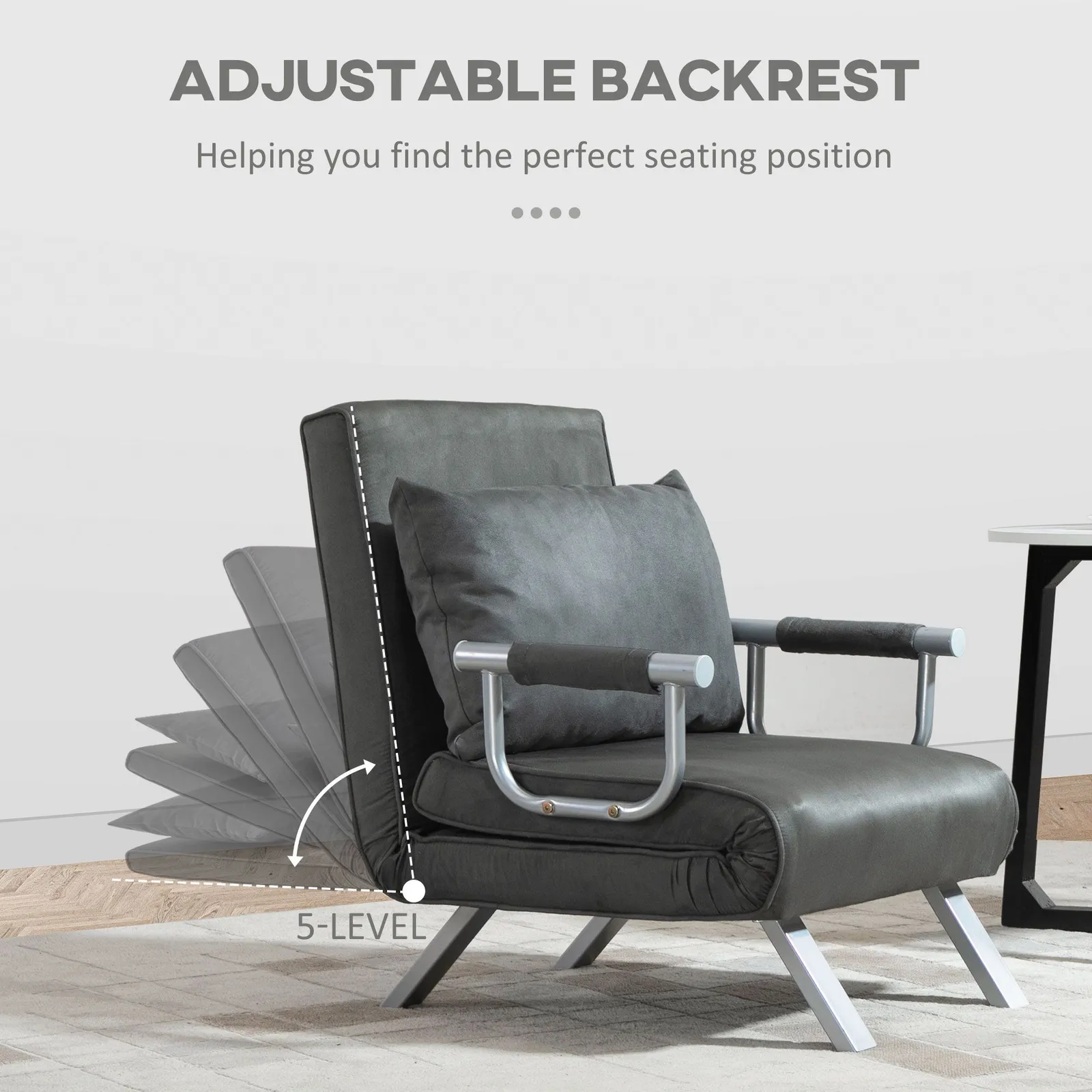 HOMCOM Single Folding 5 Position Convertible Sleeper Chair Bed in Dark Grey 4