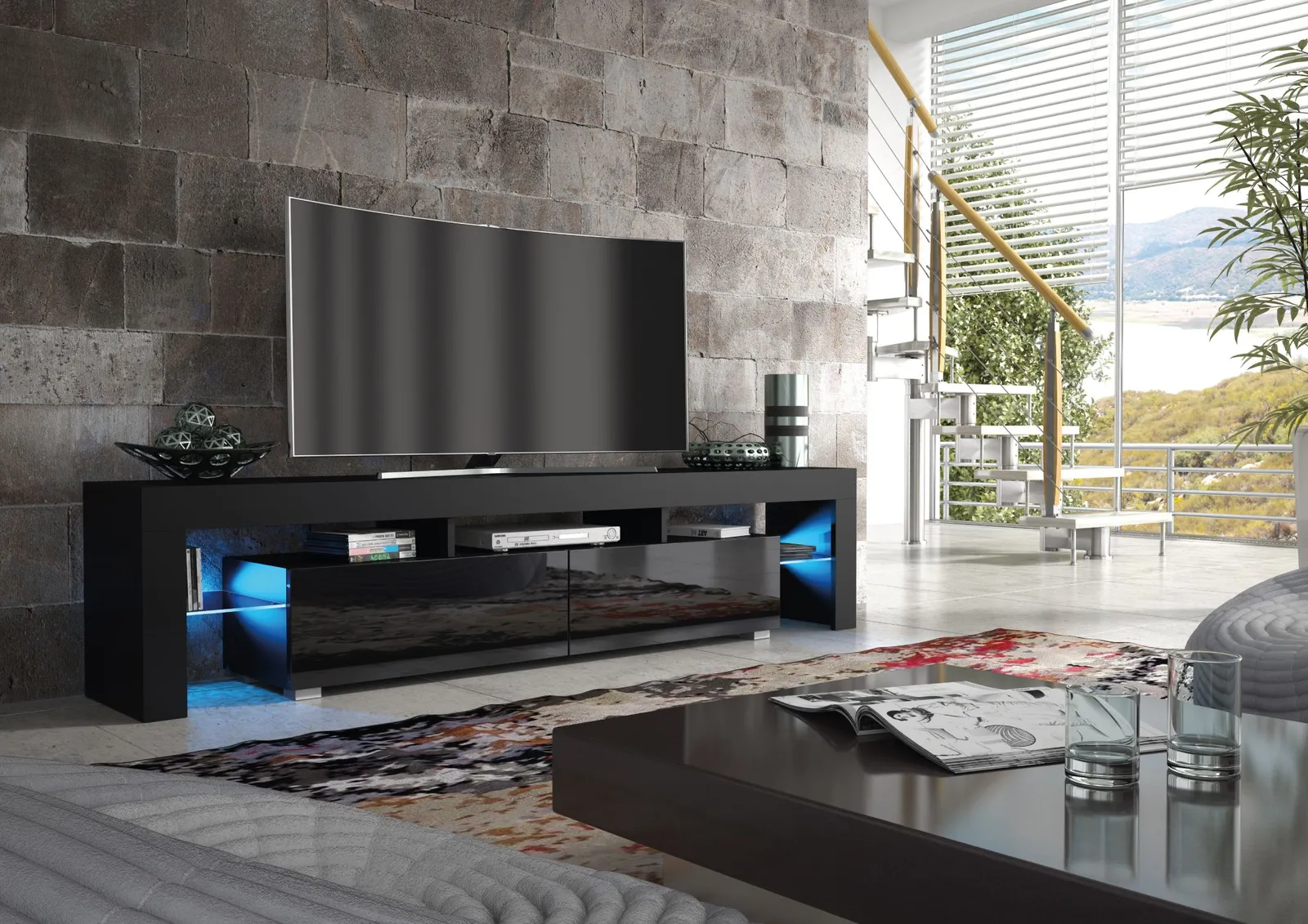 Creative Furniture Nova TV Unit 200cm - A Spacious & Modern Cabinet with Gloss Doors & LED Lights in Black 4