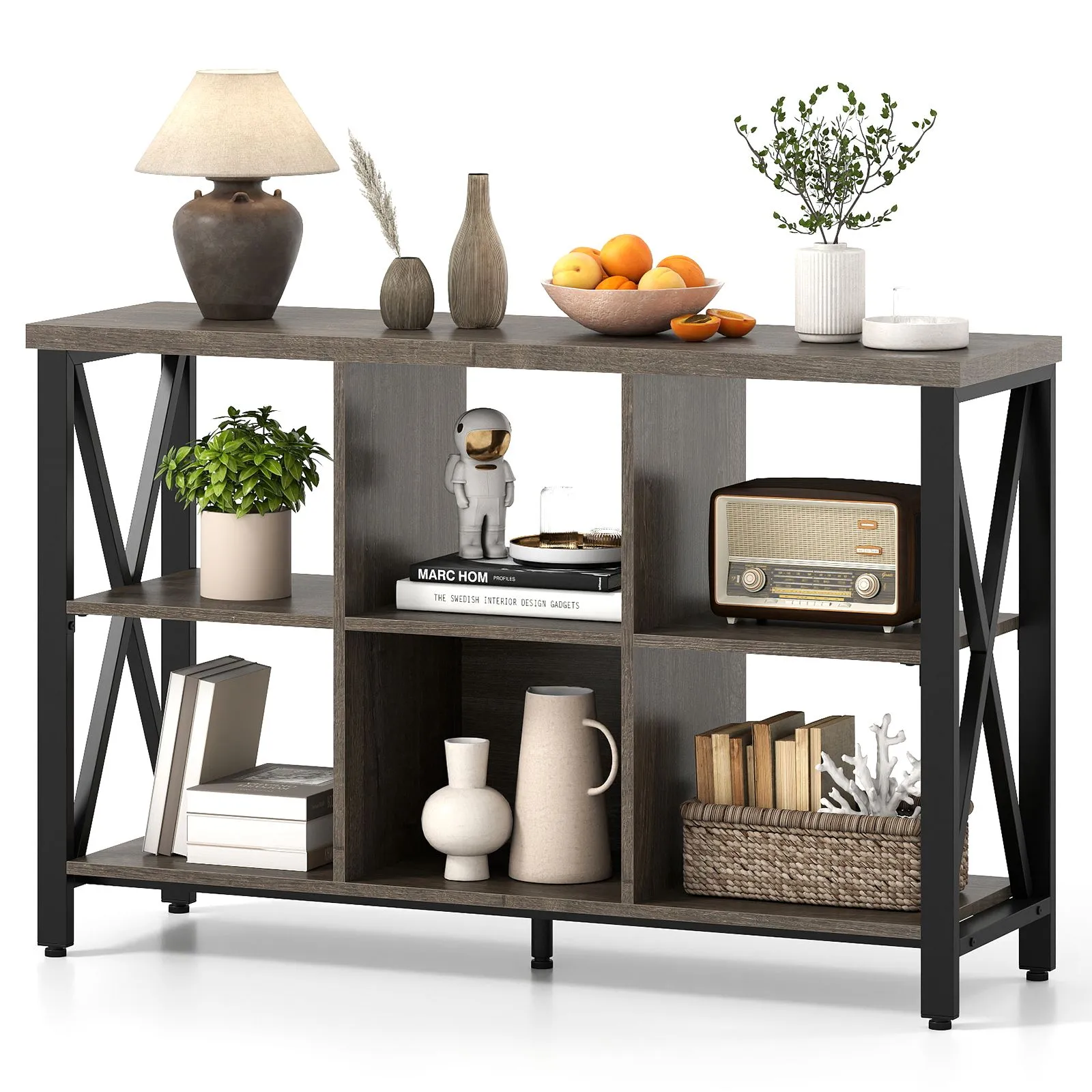Costway 6-Cube Storage Organizer 120CM Wide Bookshelf w/Open Compartments in Grey