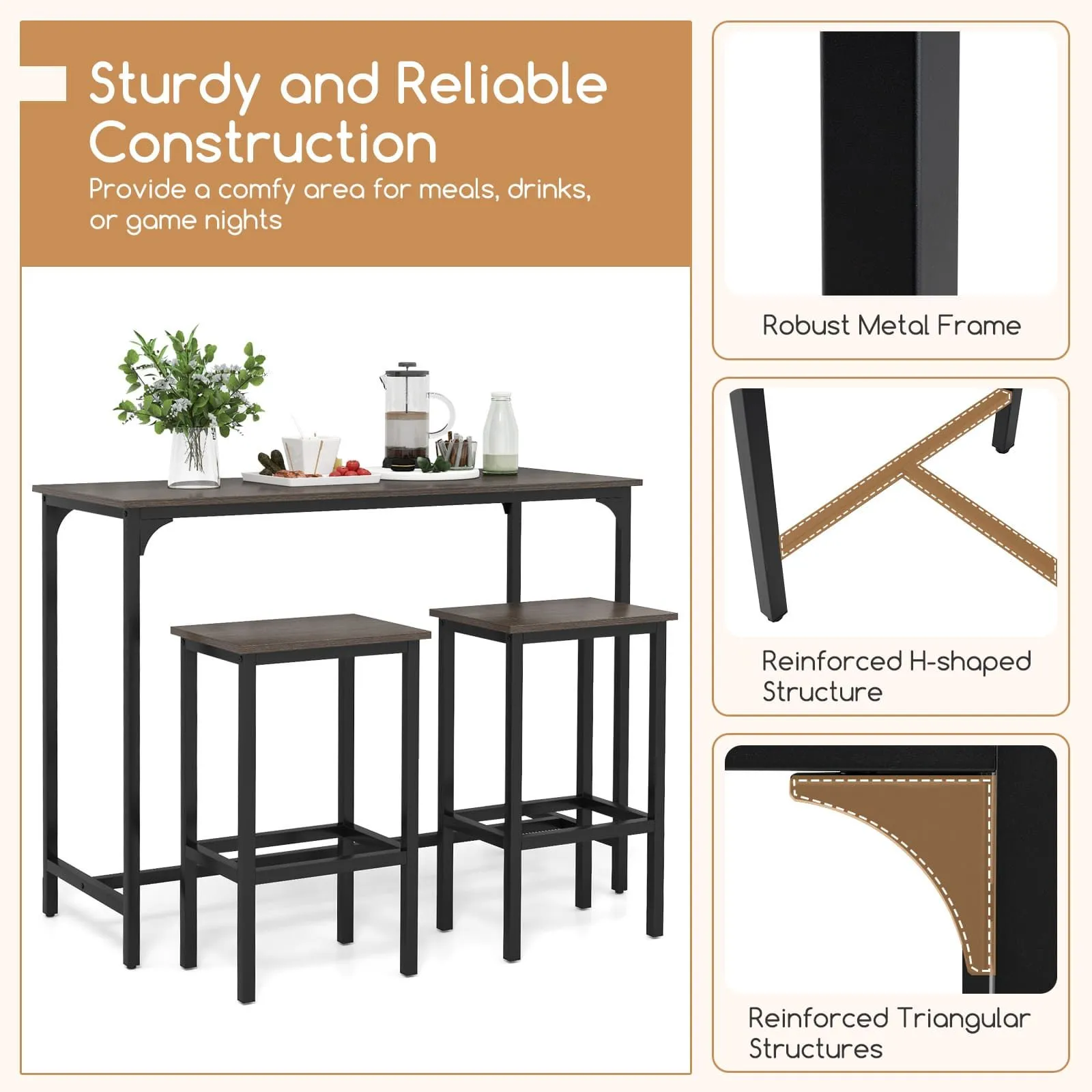 Costway 3Pcs Dining Table Set Counter-Height Kitchen Table & 2 Stools in Grey 6