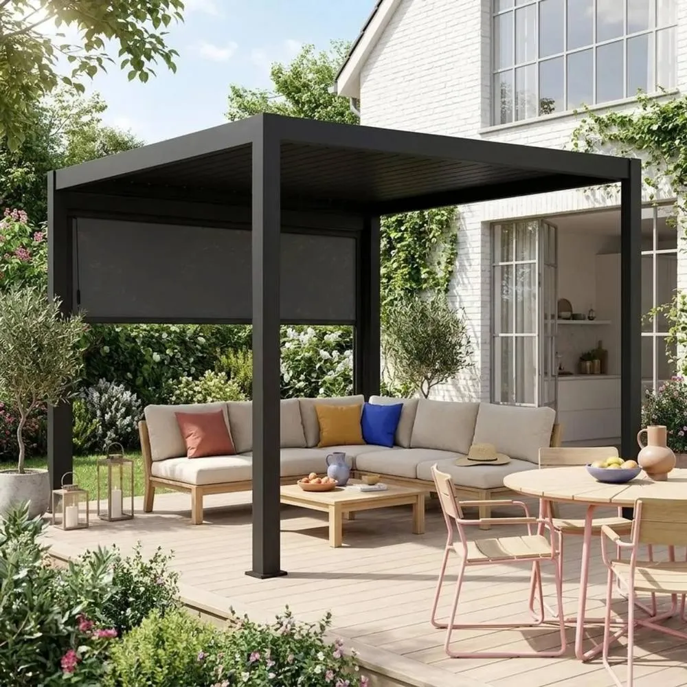 sweeek Louvered pergola aluminium 3 x 3m V2 + 3m blind in Dark Grey