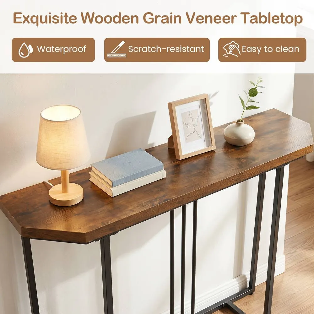 Costway Modern Console Table 110 CM Narrow Entryway Table with Faux Marble Top in Brown 6